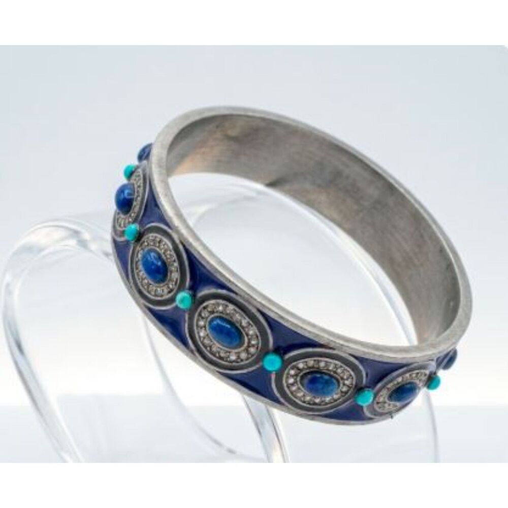 Lee Angel Silver Black Enamel blue Cabochon Crystal Bangle Bracelet NWT 200